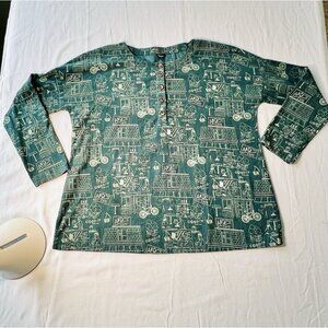 Shana Womens Long Sleeve TEAL Henley Top Artsy Cafe Scene MED Casual